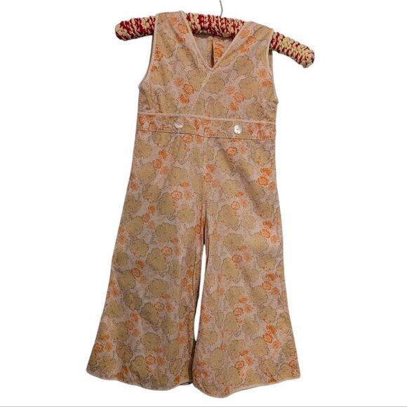 70s Vintage Girls Floral Print Orange Romper Bell Flare Pants - Picture 4 of 5